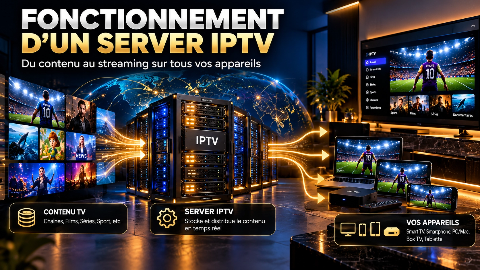 Schéma illustrant le fonctionnement d’un server IPTV vers plusieurs appareils